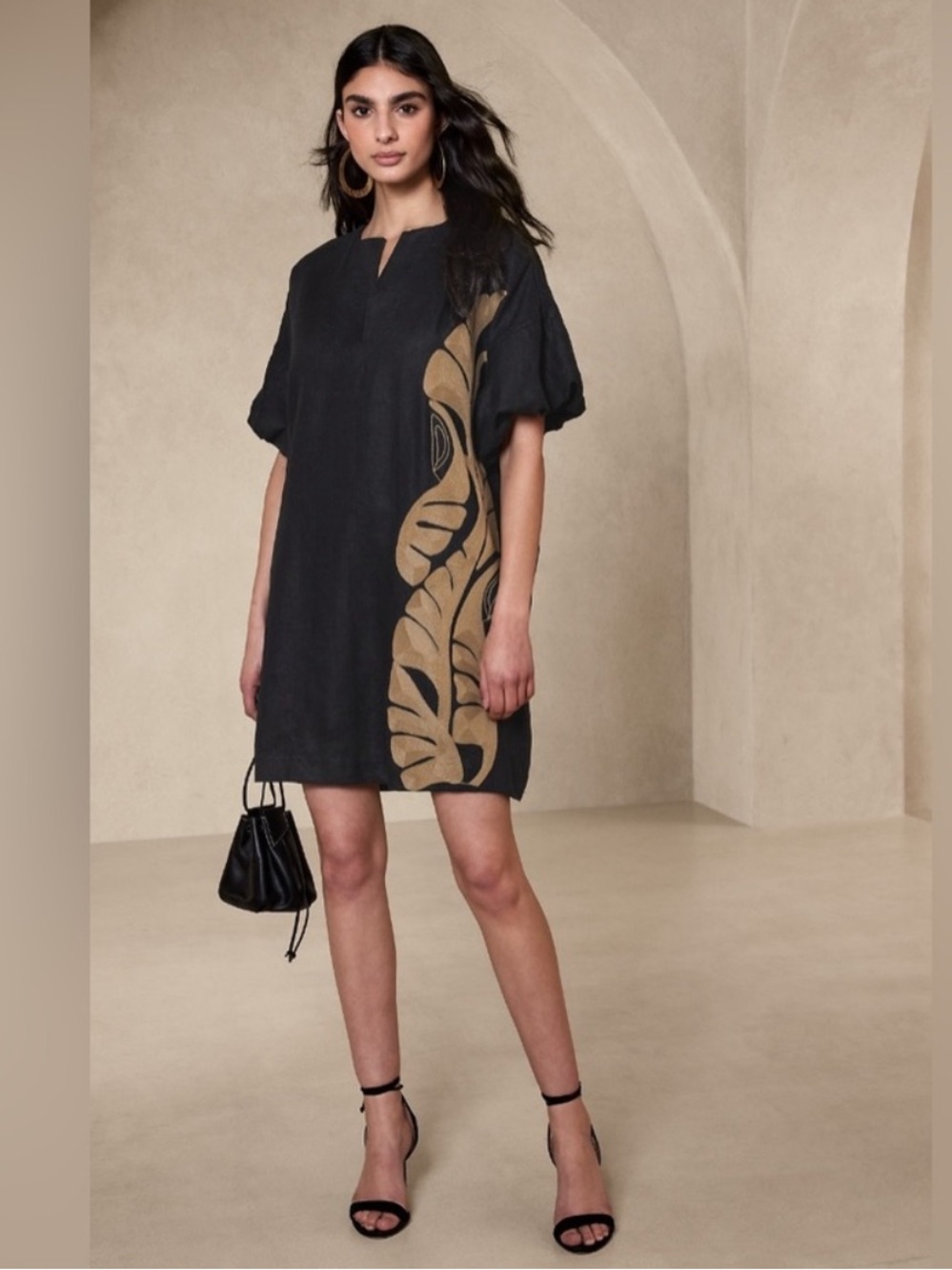 Banana Republic Black Short-Sleeve Tunic with Gold Leaf Accent